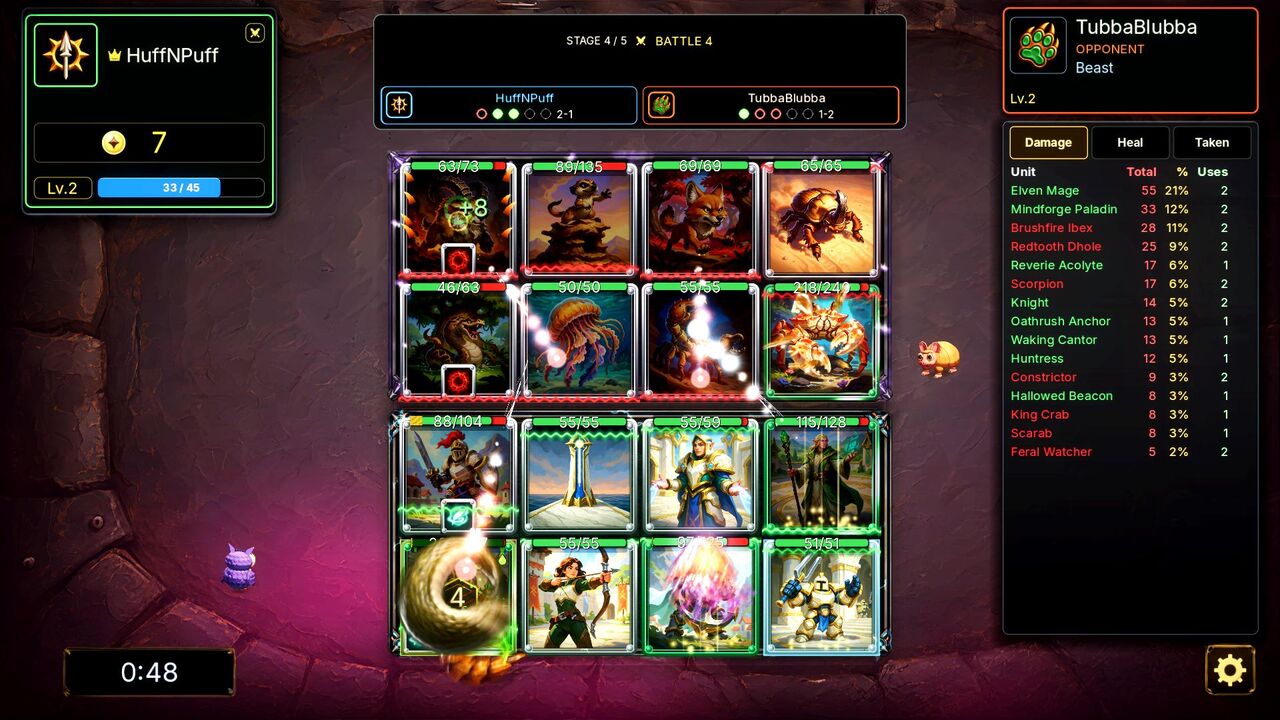 Arena stage 4 of 5: HuffNPuff's Sentinel board fights TubbaBlubba's Beast board, with the series at 2–1 above