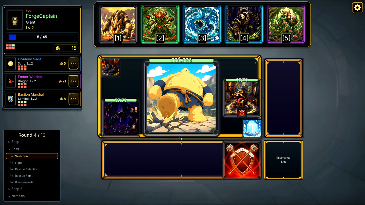 A four-player boss draft: five encounter cards in a row above the player's board, with the teammate roster on the left