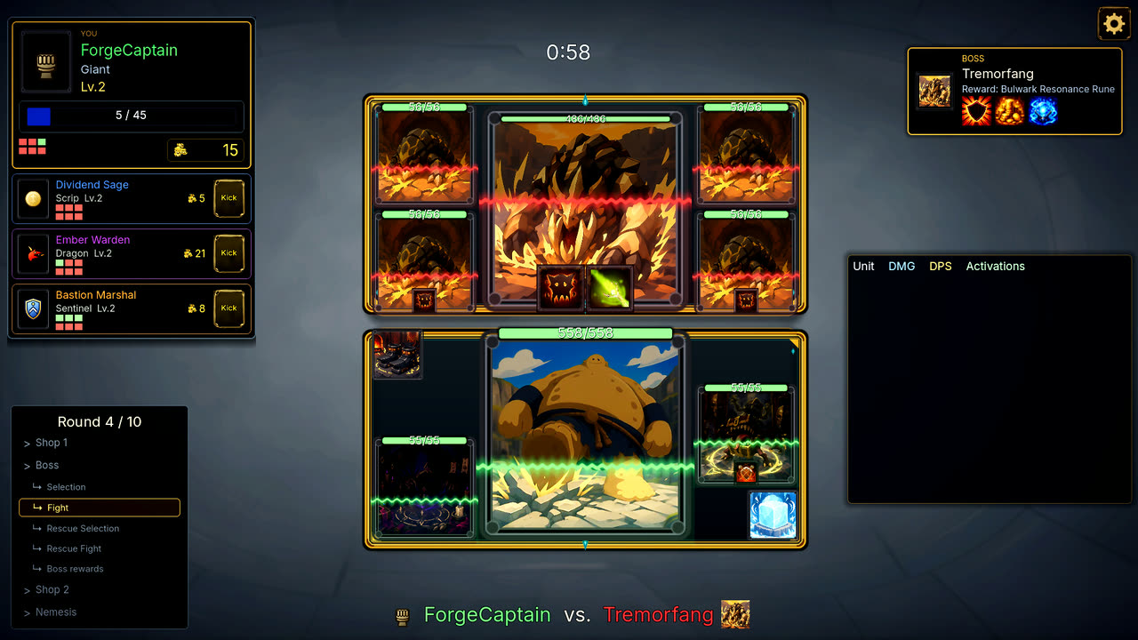 Boss combat against Tremorfang with hit lines flashing between the boards and a one-minute round timer