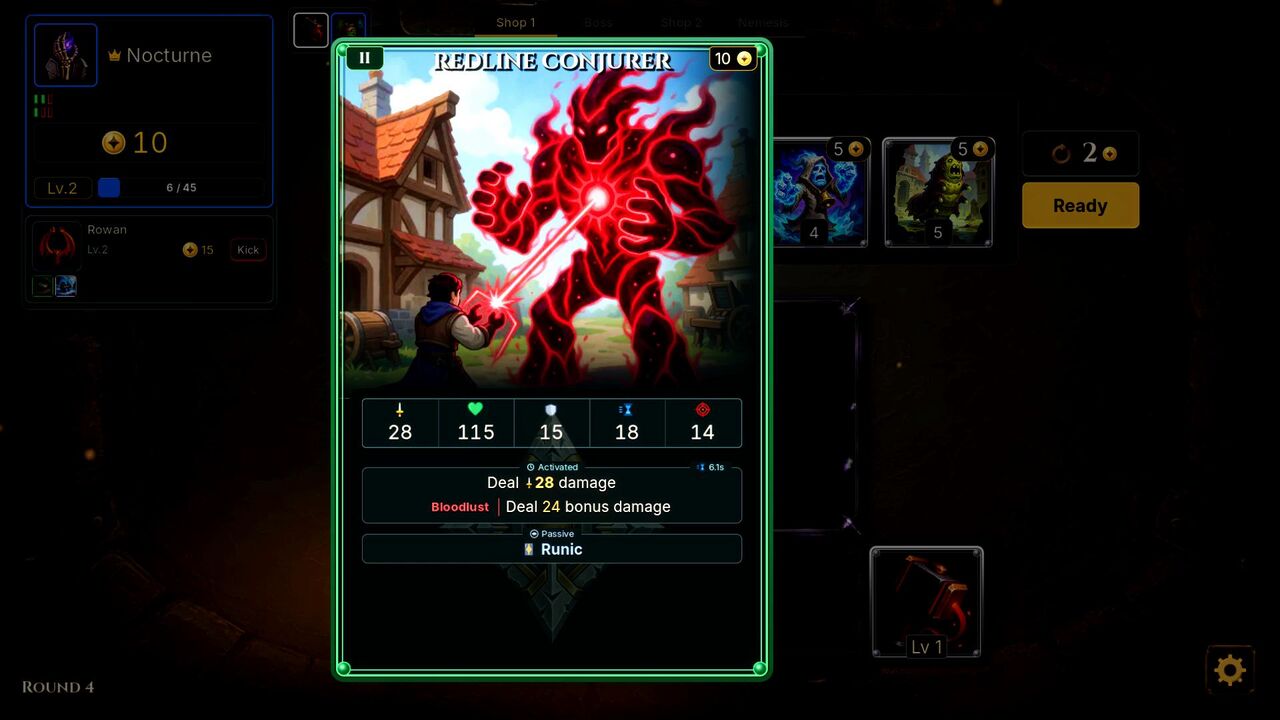 Full card view of Redline Conjurer at Tier II, with its stats, damage line, Bloodlust bonus and Runic keyword over a dimmed round 4 shop