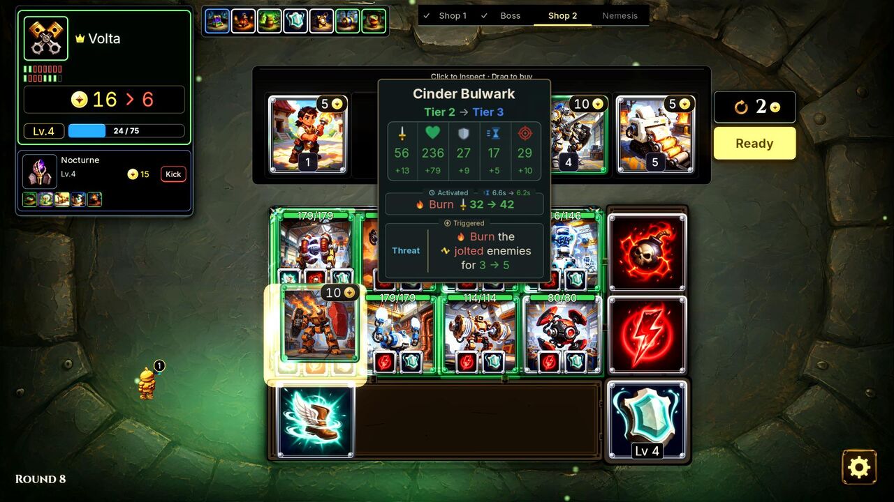 Round 8 Shop 2: a Cinder Bulwark offer held over its copy on the board, with a preview of its Tier 2 to Tier 3 stats and Burn
