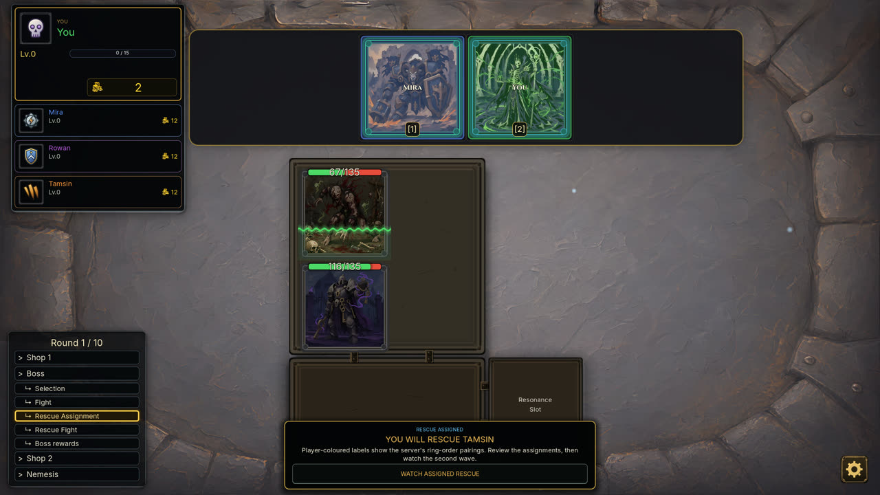 Rescue assignment screen pairing the player with a fallen teammate before the second wave