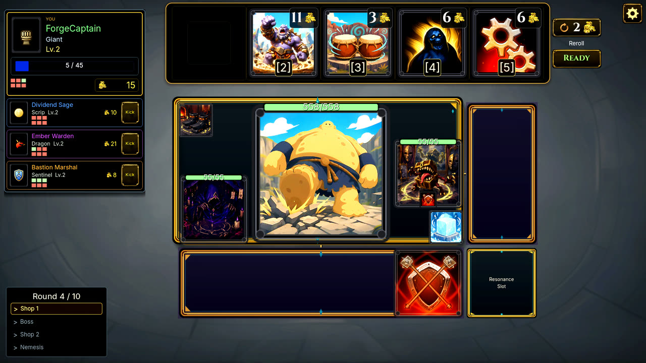Shop 1 with five offers priced in gold, reroll and ready buttons, and the player's board below